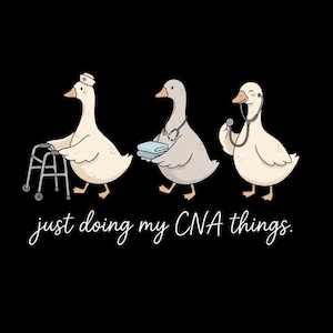 Puede incluir: Gráfico negro con tres gansos de dibujos animados en roles médicos. Uno usa un andador, otro lleva una toalla y un estetoscopio, y el tercero sostiene un estetoscopio. El texto "just doing my CNA things" está escrito debajo.