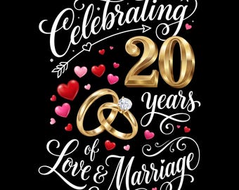 20th Wedding Anniversary PNG, Celebrating 20 Years Love Marriage Design (Digital Download)