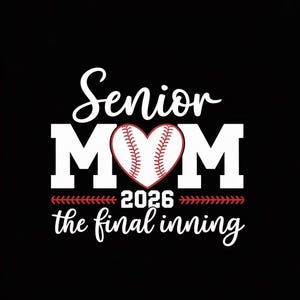 May include: Black graphic design with the words "Senior MOM" in white, with a baseball heart in the center. Below the heart is "2026" and "the final inning" in white. The baseball heart is red and white.
