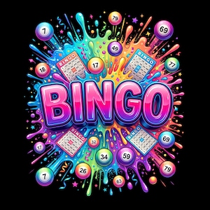 Peut inclure: Un design graphique vibrant avec le mot BINGO en grandes lettres 3D brillantes roses et violettes. L'arrière-plan se compose d'une éclaboussure de peinture colorée avec des boules de bingo numérotées 7, 17, 18, 26, 32, 34, 49, 59, 63, 69, 77, 79.