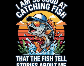 Puede incluir: Ilustración gráfica sobre fondo negro de un pez con gafas de sol y gorra, saltando fuera del agua. El texto dice: «SOY TAN BUENO PESCANDO QUE LOS PECES CUENTAN HISTORIAS SOBRE MÍ.»