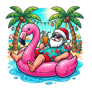 May include: A cartoon illustration of Santa Claus wearing a red Santa hat, sunglasses, and a teal floral shirt with red hibiscus flowers, relaxing in a bright pink flamingo pool float in blue water, holding a pineapple drink with a small umbrella.