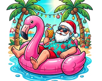 May include: A cartoon illustration of Santa Claus wearing a red Santa hat, sunglasses, and a teal floral shirt with red hibiscus flowers, relaxing in a bright pink flamingo pool float in blue water, holding a pineapple drink with a small umbrella.