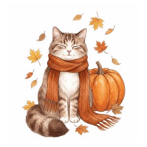May include: A brown and white tabby cat with closed eyes wearing a long, textured orange knit scarf with fringe ends. The cat sits next to a large, round orange pumpkin, surrounded by several floating autumn maple leaves in shades of yellow and orange.