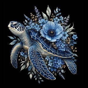 Puede incluir: Una ilustración de una tortuga marina con un caparazón de patrón azul oscuro y blanco, adornado con un grupo de flores azules vibrantes, incluyendo grandes anémonas y pequeñas flores, sobre un fondo negro sólido con follaje azul claro.