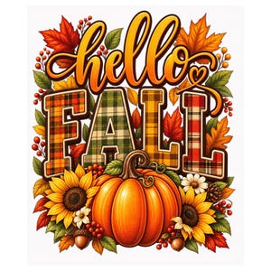 Op de afbeelding: Een grafisch ontwerp met de tekst hello FALL in oranje en geruite letters. Het woord FALL is gevuld met verschillende ruitpatronen. Onder de tekst staat een grote oranje pompoen geflankeerd door twee zonnebloemen, rode bessen en eikels.