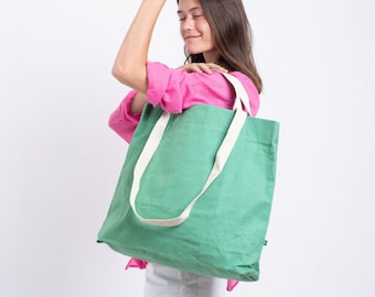 Large Canvas Tote Bag with Pockets, Personalized Weekend Bag, Unisex Wax Canvas Shoulder Bag, Beach Tote Bag Waterproof, Huge Green Tote Bag