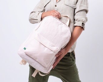 White Waxed Canvas Traveling Backpack Purse Women, Waterproof Laptop Canvas Bag, Personalize Name Pin Backpack, Handmade Canvas Rucksack