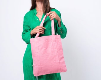 Sac fourre-tout en toile cirée rose, joli sac à bandoulière personnalisé, épingles personnalisées, cadeau de 16e anniversaire pour elle, sac fourre-tout esthétique en toile épaisse