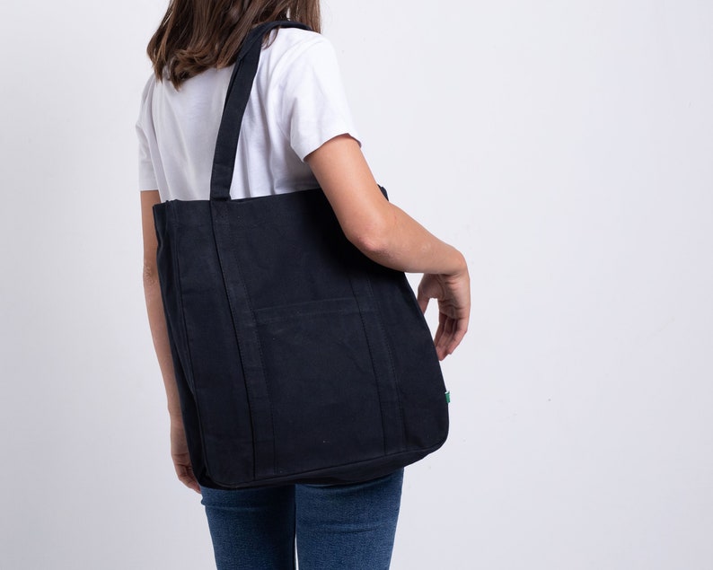 Extra Large Quality Black Canvas Tote Bag With Pockets, Water Resistant Thick Cotton Waxed Canvas Bag, Monogram Tote Bag For Women, MAYKO imagem 2