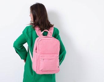 Casual Pink Canvas Backpack Laptop For Women, Waterproof Wax Canvas Monogram Backpack Purse with Cool Pin Buttons, Back To School Backpack
