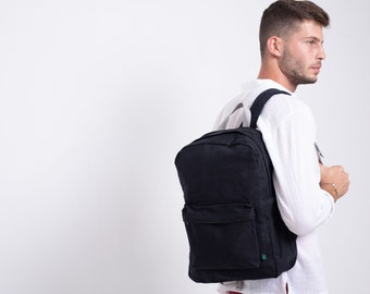 Black Canvas Backpack Men, Waterproof Laptop Canvas Bag, Personalize Backpack with Cool Pin Buttons, Back To School Waxed Canvas Travel Bag