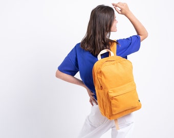 Orange Waxed Canvas Laptop Backpack For Women, Waterproof Simple Canvas Backpack Work Bag, Teacher Backpack, 90s Backpack Style