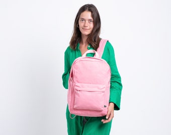 Wasserdichter gewachster Canvas Rucksack für Frauen, Einfacher Laptop-Rucksack, personalisierte rosa Canvas-Tasche mit modischen Pin-Buttons, Schulrucksack,