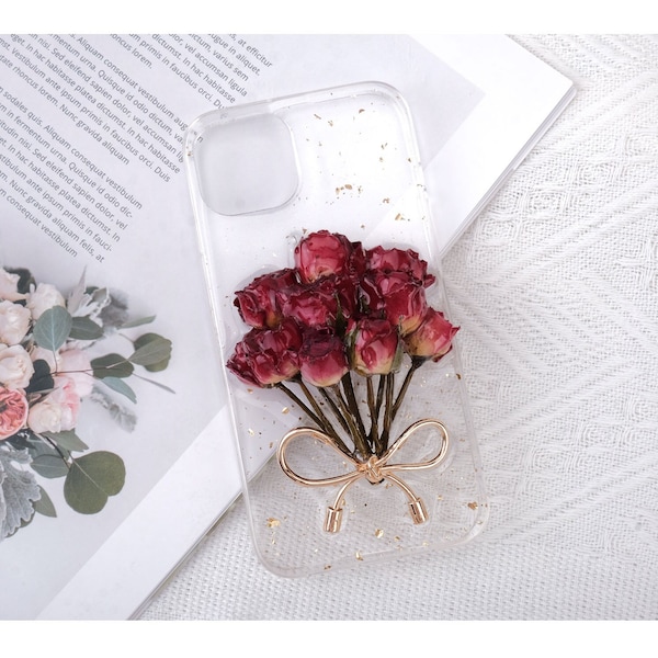 Handmade Pressed Dried Flower Bouquet Phone Case/Real Rose Flowers/iphone 7 8 Plus/iphone X XR XS 11 12 13 Pro Max Case/Samsung s20 s21 s22