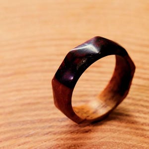 Faceted Cocobolo Wood Ring, Handmade Wooden Band, Geometric Minimalist Ring, Unique Artisan Jewelry, Natural Exotic Wood Ring