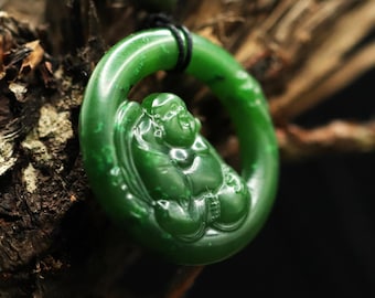 Canadian Nephrite Jade Laughing Buddha Pendant | Hand-Carved Blessing Amulet