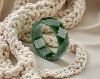Premium Solid BC Jade Faceted Ring - Hand Carved Geometric Nephrite Band - Minimalist Green Stone Jewelry -J74
