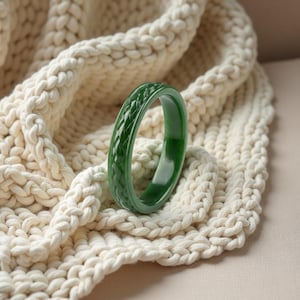 May include: A dark green ring featuring a detailed braided or woven texture around the outer band. The ring has a smooth, polished finish on the interior surface and a consistent, rounded profile throughout its entire circular structure.