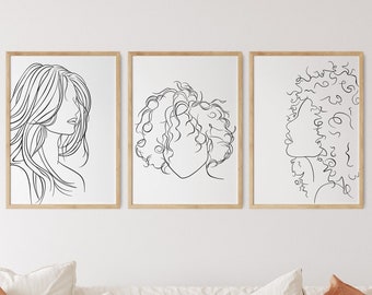 Set of 3 Hair Line Art Prints, Printable Wall Art, Woman Hair Styles Posters, Curly Wavy Styles, Minimal Hair Salon Decor, Digital Download