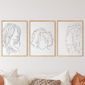 Set of 3 Hair Line Art Prints, Printable Wall Art, Woman Hair Styles Posters, Curly Wavy Styles, Minimal Hair Salon Decor, Digital Download