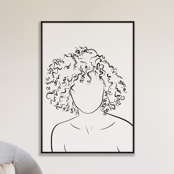 Curly Hair Line Art Print, Printable Wall Art, Woman Hair Poster Art, Curly Bob Cut, Hair Salon Décor, Hair Stylist Gift, Digital Download