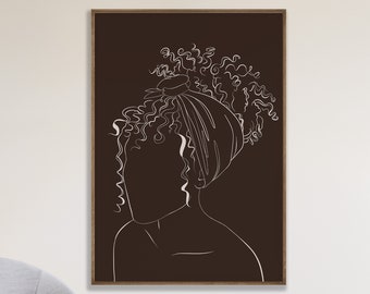 Curly Hair Headscarf Print, Printable Wall Art, Brown Woman Poster, Curly Line Art, Hair Salon Décor, Hair Stylist Gift, Digital Download