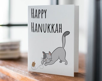 Happy Hanukkah Cat Printable Card, Cat Playing with Dreidel, Cute Hanukkah Card, Funny Holiday Card, Gift for Cat Lovers, Digital Download