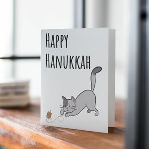 Happy Hanukkah Cat Printable Card, Cat Playing with Dreidel, Cute Hanukkah Card, Funny Holiday Card, Gift for Cat Lovers, Digital Download