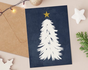 Blue Christmas Tree Card, Printable Christmas Stationary, Navy Blue Holiday Card, Art Winter Gift, White Tree Gold Star, Digital Download