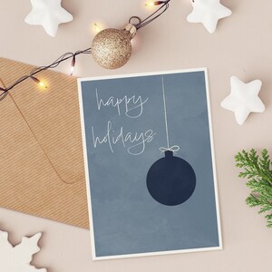 Cartão de boas festas para impressão, enfeite de feriado, papel de carta de Natal azul, convite para festa de feriado, cartão de felicitações em branco, download digital