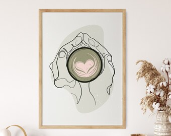 Matcha Latte Line Art Print, Printable Wall Art, Green Latte Art Poster, Coffee Shop Décor, Tea Lover Gift, Green Tea Art, Digital Download