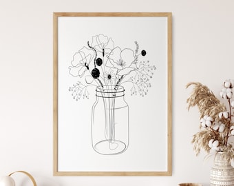 Black and White Flowers Print, Printable Wall Art, Minimalist Line Art, Fall Decor Poster, Farmhouse Kitchen, Gift for Her, Digital Download