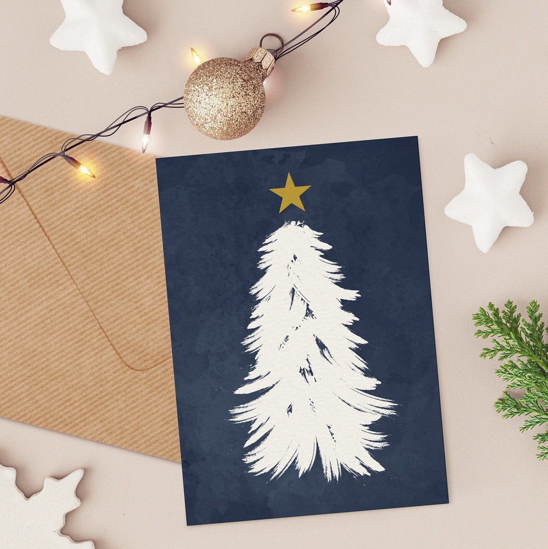 Blue Christmas Tree Card, Printable Christmas Stationary, Navy Blue