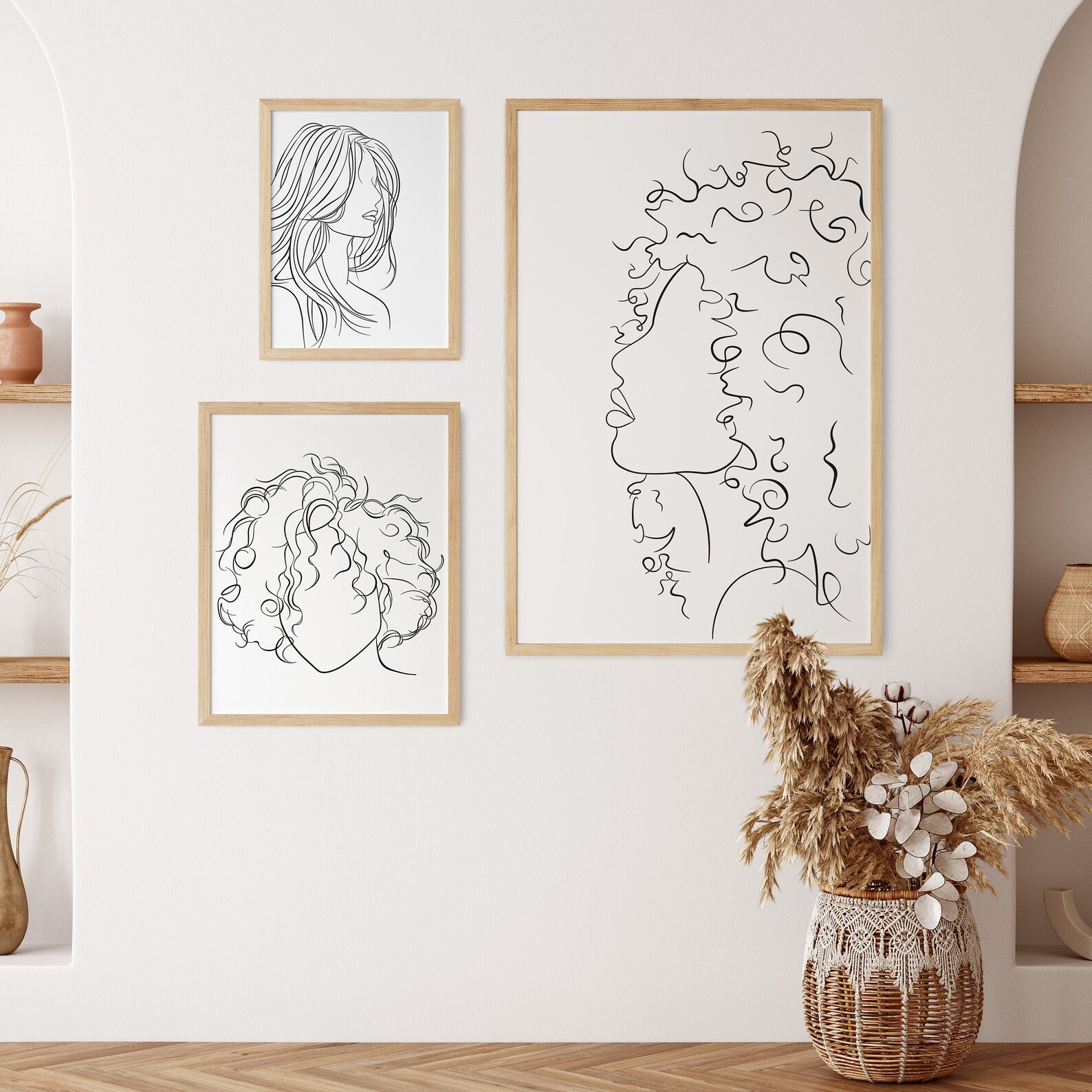 Set of 3 Hair Line Art Prints, Printable Wall Art, Woman Hair Styles ...