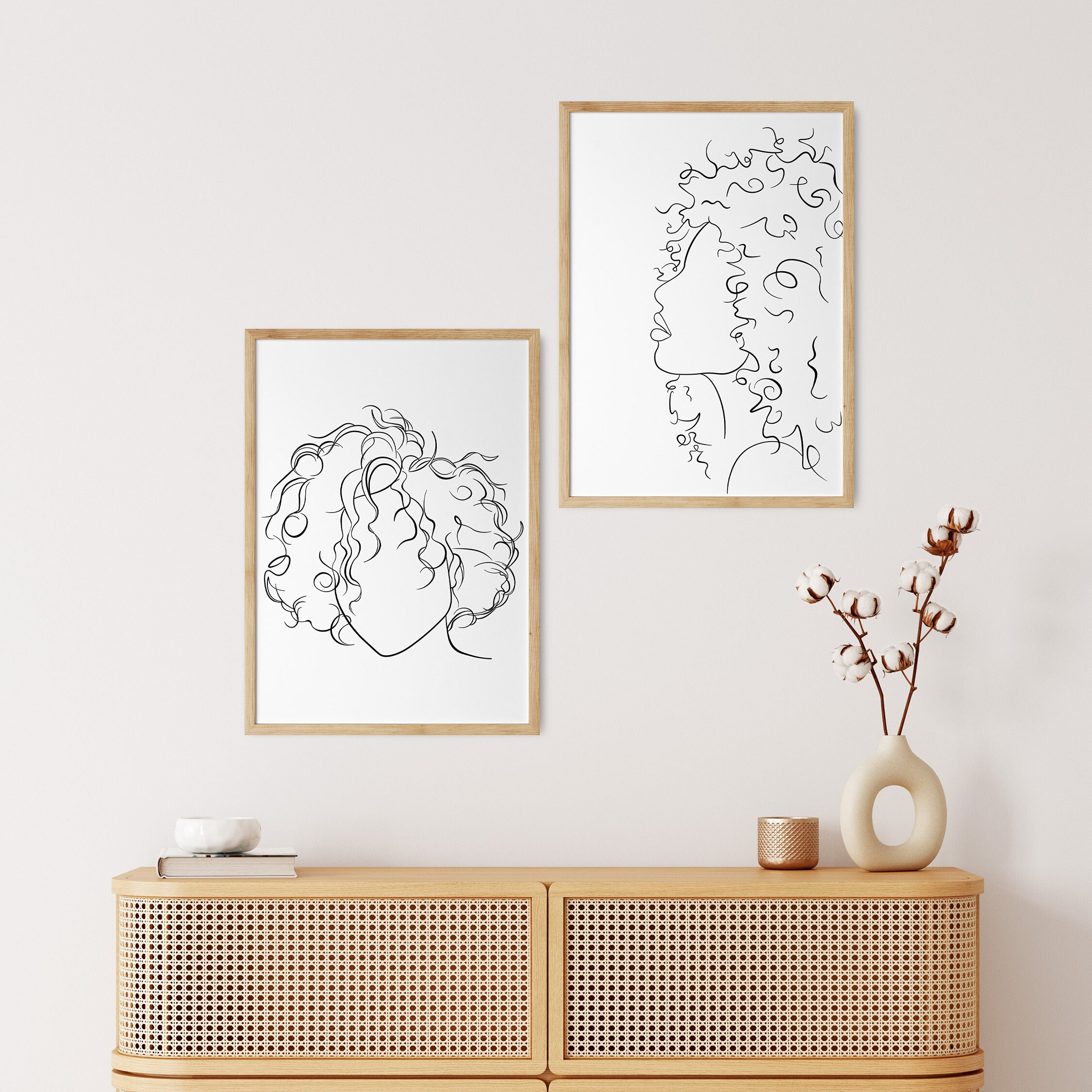 Short Curly Hair Line Art Print, Printable Wall Art, Woman Line Poster ...