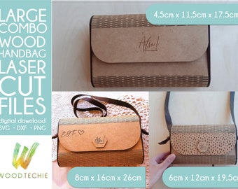 Puede incluir: Tres bolsos de mano de madera cortados con láser en diferentes tamaños. Los bolsos de mano están hechos de madera marrón con un diseño estampado. El bolso de mano más grande mide 4,5 cm por 11,5 cm por 17,5 cm. El bolso de mano mediano mide 8 cm por 16 cm por 26 cm. El bolso de mano más pequeño mide 6 cm por 12 cm por 19,5 cm.