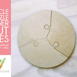 May include: A three-piece wooden circle puzzle with a simple jigsaw design. The pieces are cut from a light brown wood and are ready to be assembled.