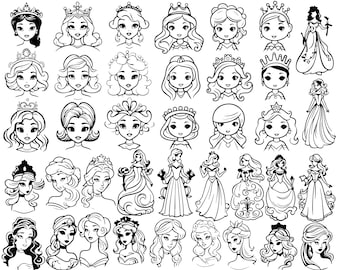 38 Princess SVG PNG Bundle, Royal SVG, Princess Silhouette, Queen svg, Princess Outline clip art, Digital File, Instant download