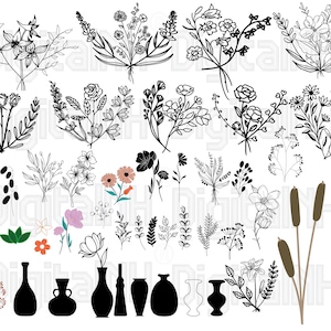Paquete SVG de más de 40 ramos de flores, SVG de flores silvestres, SVG floral, silueta de flores, PNG de flores, archivo digital, flores dibujadas a mano, diseño de camisetas SVG