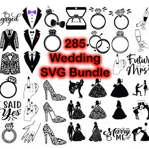 Paquete de 285 SVG de boda, SVG de novia, SVG de novio, archivos SVG de boda para Cricut, silueta de boda, SVG de camisa de boda, SVG de anillo, SVG de señor y señora