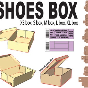 Sjabloon schoenendoos 5 maten + labels, sneakerdoos SVG, schoenendoos sjabloon SVG, cadeau-idee, digitale bestanden, directe download