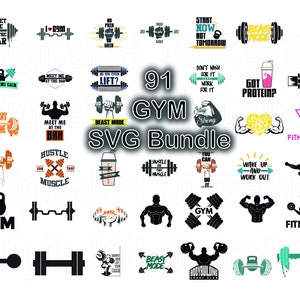91 GYM SVG Bundle, Fitness SVG, Workout svg, Gym Motivation Svg, Gym Quotes Svg, Exercise svg, Gymnastics svg, Barbell svg, digital download