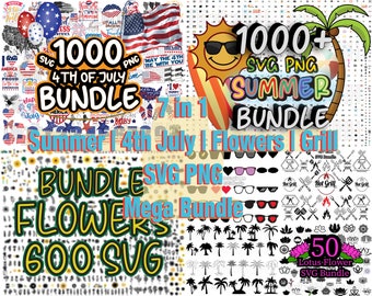 7 in 1 Mega Bundle SVG, Summer SVG Bundle, 4th of July SVG Bundle, Flower svg Bundle, Grill svg Bundle, Lotus svg, Sunglasses svg, Palm svg