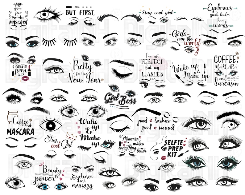 60 Eyelashes SVG Bundle, Eyelashes Girl SVG, Eyebrows SVG, Makeup svg, Gril svg, Eyelash Silhouette, Girl Clipart, Lashes Cutfile image 1