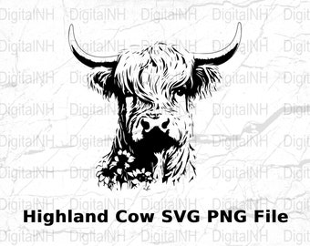 Highland Cow SVG File, Floral Wreath Illustration, Digital Download, PNG Cutting File for Cricut, Clipart, Farmhouse Decor, Rustic Art