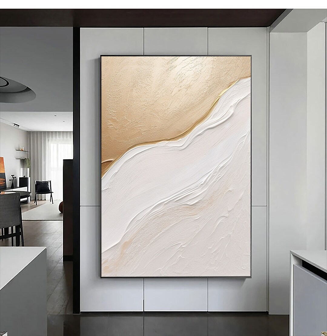 Large Minimalist White Gold Abstract Painting,white 3D Textured
