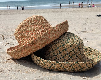 Summer hat made of straw, straw border capeline nature orange, as a travel hat, beach hat, picnic hat,
