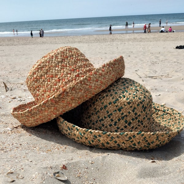 Summer hat made of straw, straw border capeline nature orange, as a travel hat, beach hat, picnic hat,