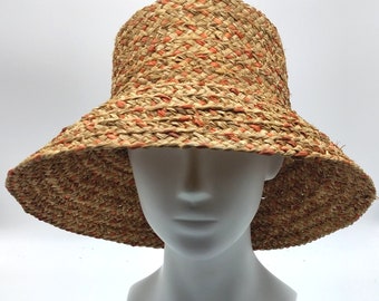 Summer hat made of straw, straw border capeline nature orange, as a travel hat, beach hat, picnic hat,